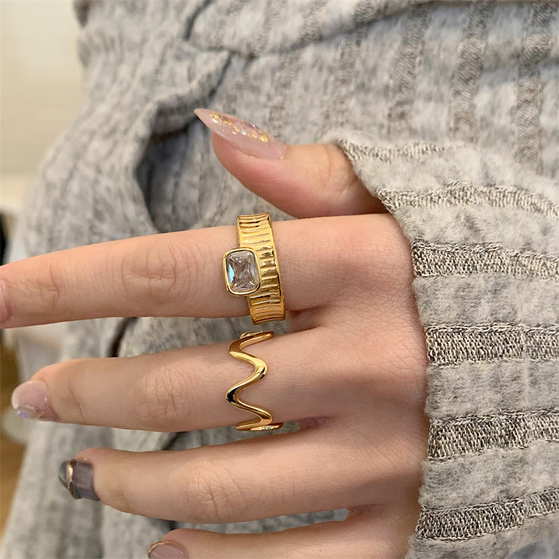18K Gold plated Stainless Steel Cubic Shape Cubic Zirconia Ring, Chunky Gold Ring, Statement White Shell Ring, Stacking Rings