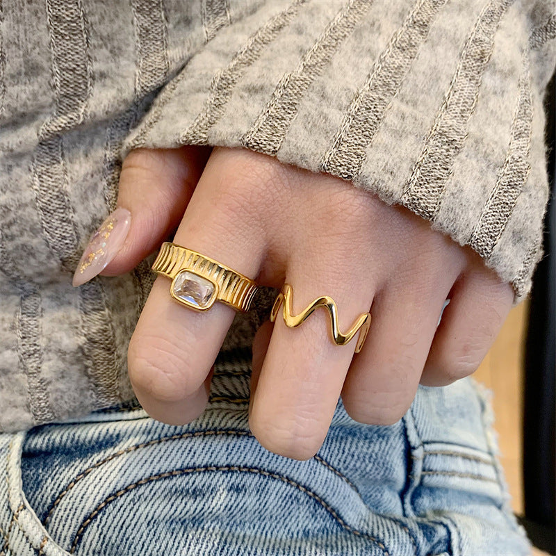 18K Gold plated Stainless Steel Cubic Shape Cubic Zirconia Ring, Chunky Gold Ring, Statement White Shell Ring, Stacking Rings