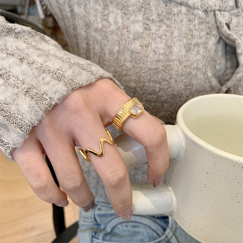 18K Gold plated Stainless Steel Cubic Shape Cubic Zirconia Ring, Chunky Gold Ring, Statement White Shell Ring, Stacking Rings