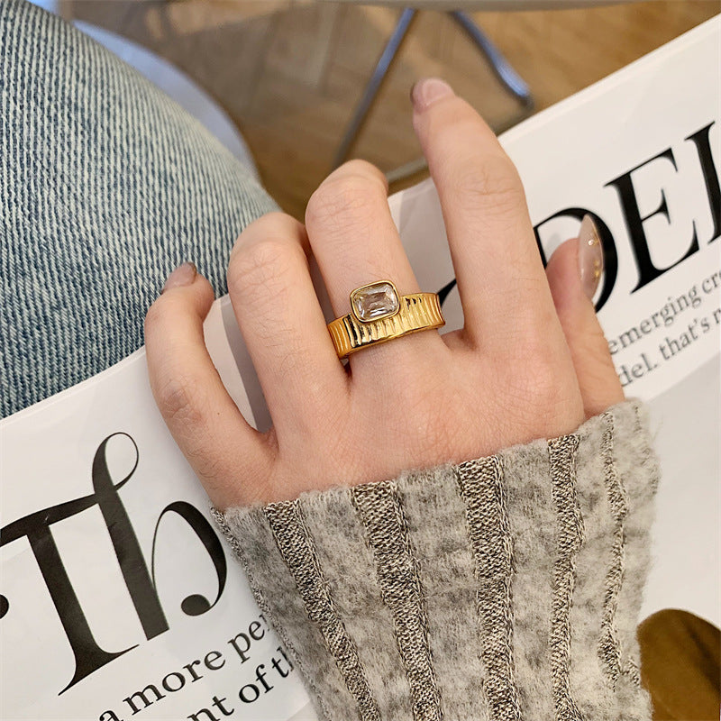 18K Gold plated Stainless Steel Cubic Shape Cubic Zirconia Ring, Chunky Gold Ring, Statement White Shell Ring, Stacking Rings