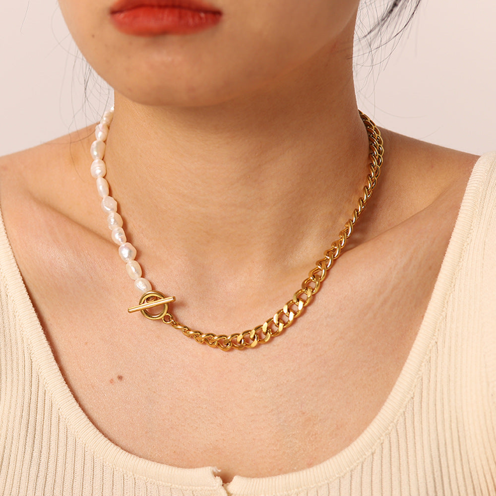 cuban link chain with pendant-Pearl Buckle Cuban Chain Necklace- bling cuban link chain- pearl necklace