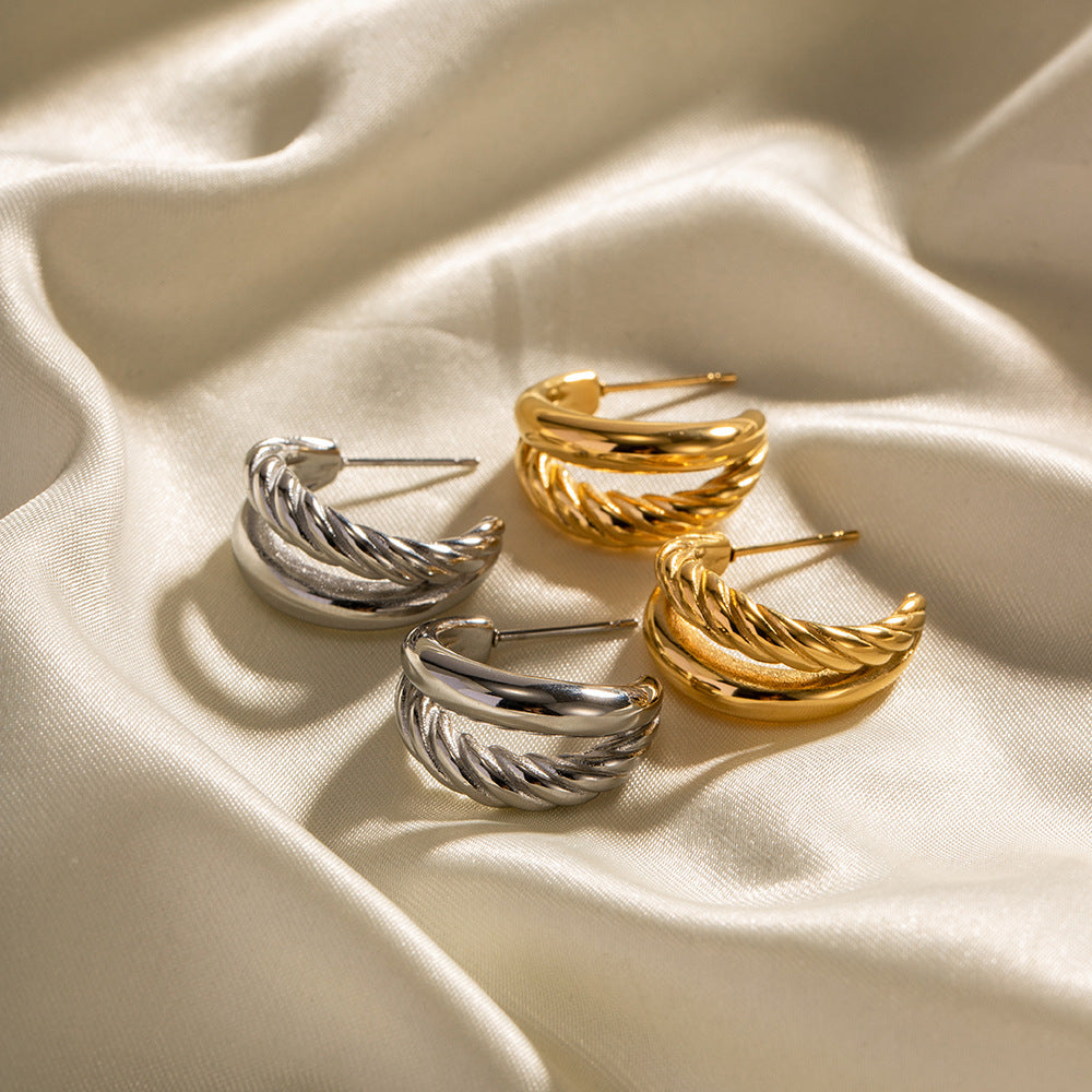 double twist earrings- double twist earrings gold-Golden Double Twist C-Shaped Earrings