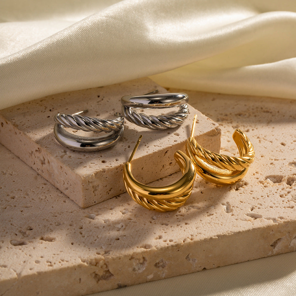 double twist earrings- double twist earrings gold-Golden Double Twist C-Shaped Earrings