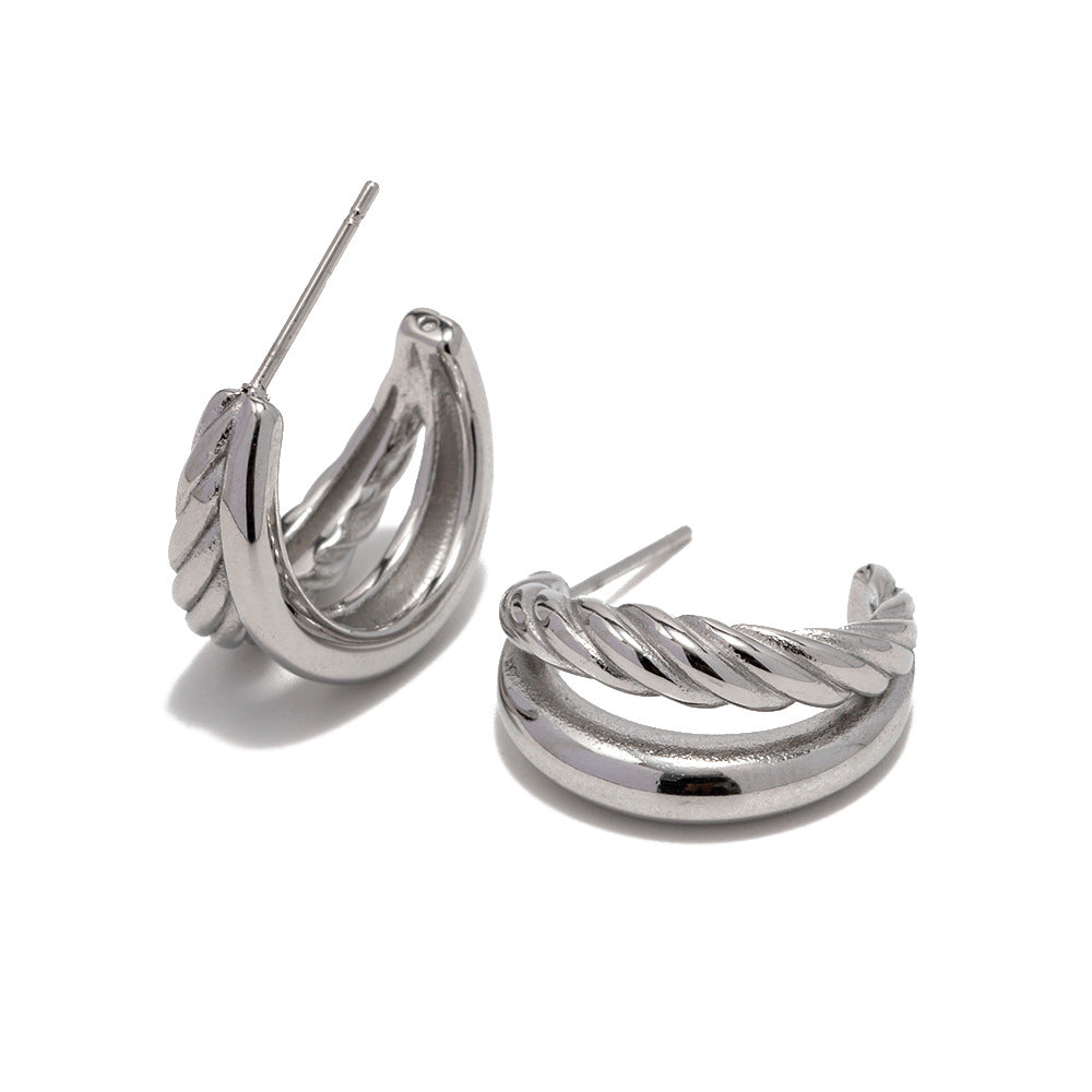 double twist earrings- double twist earrings gold-Golden Double Twist C-Shaped Earrings