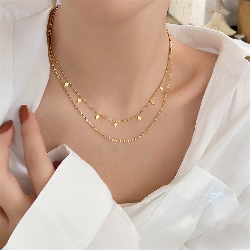 18K GOLD FILLED Layered Necklace, Two Strand Choker, Double Necklace Set, Double Chain Choker, Gift For Her, Anti-Tarnish/Waterproof Jewelry LATUKI