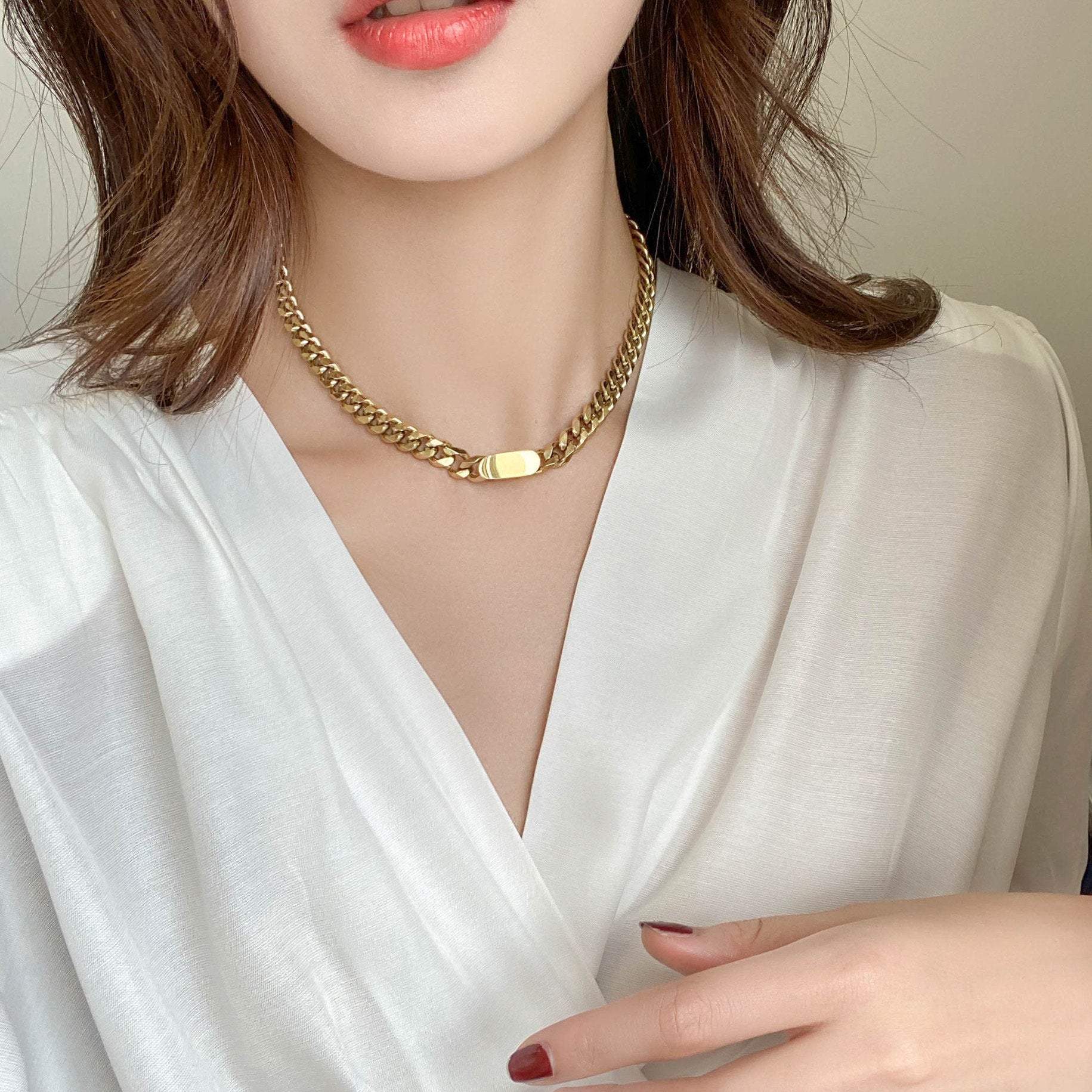 Cuban Chain GOLD FILLED Necklace, Curb Chain Necklace, 18K Gold Chain Necklace, Thick Chain, Chunky Chain Necklace, Layered Necklace Set LATUKI