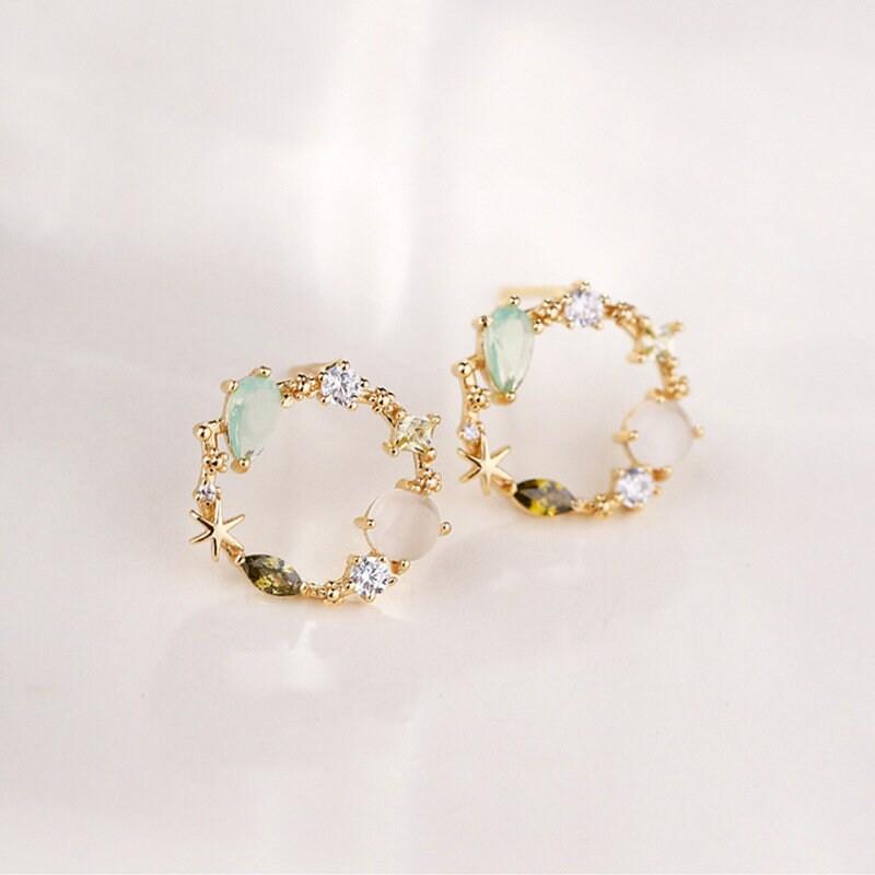 Dainty Circular Gemstone Stud Earrings, Sterling Silver Stud Earrings, Gift for Her, Minimalist Jewelry, Dainty Earrings, Handmade Jewelry LATUKI 