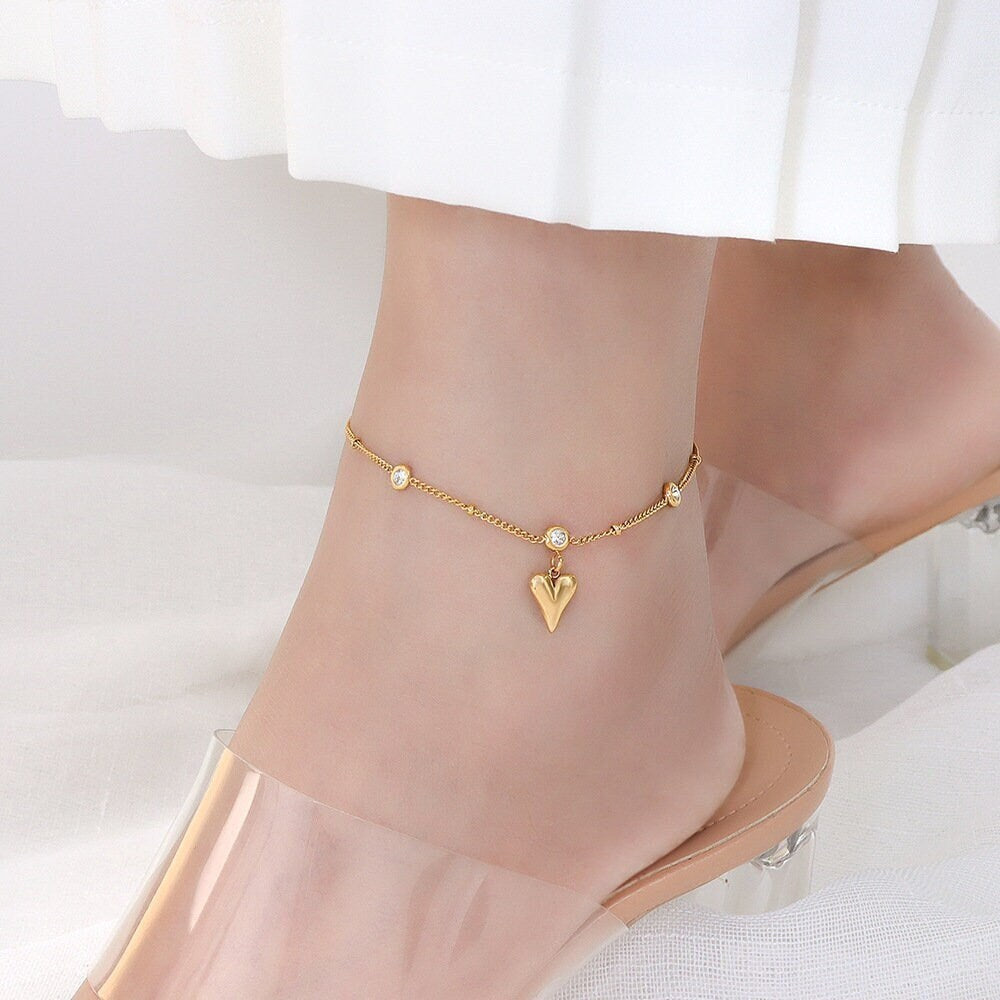 Dainty Puffy Heart GOLD FILLED Anklet, Chain Anklet, Heart Anklet, Pearl Anklet, Satellite Chain Anklet, Beach Anklet, Boho Anklet, Handmade LATUKI