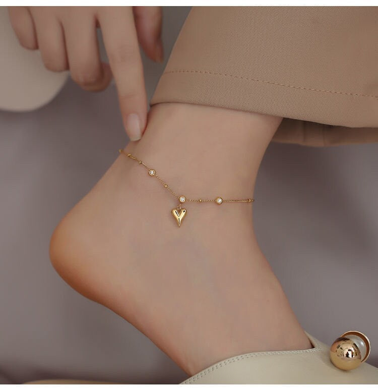 Dainty Puffy Heart GOLD FILLED Anklet, Chain Anklet, Heart Anklet, Pearl Anklet, Satellite Chain Anklet, Beach Anklet, Boho Anklet, Handmade LATUKI