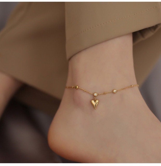 Dainty Puffy Heart GOLD FILLED Anklet, Chain Anklet, Heart Anklet, Pearl Anklet, Satellite Chain Anklet, Beach Anklet, Boho Anklet, Handmade LATUKI