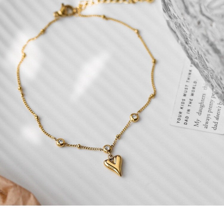 Dainty Puffy Heart GOLD FILLED Anklet, Chain Anklet, Heart Anklet, Pearl Anklet, Satellite Chain Anklet, Beach Anklet, Boho Anklet, Handmade LATUKI
