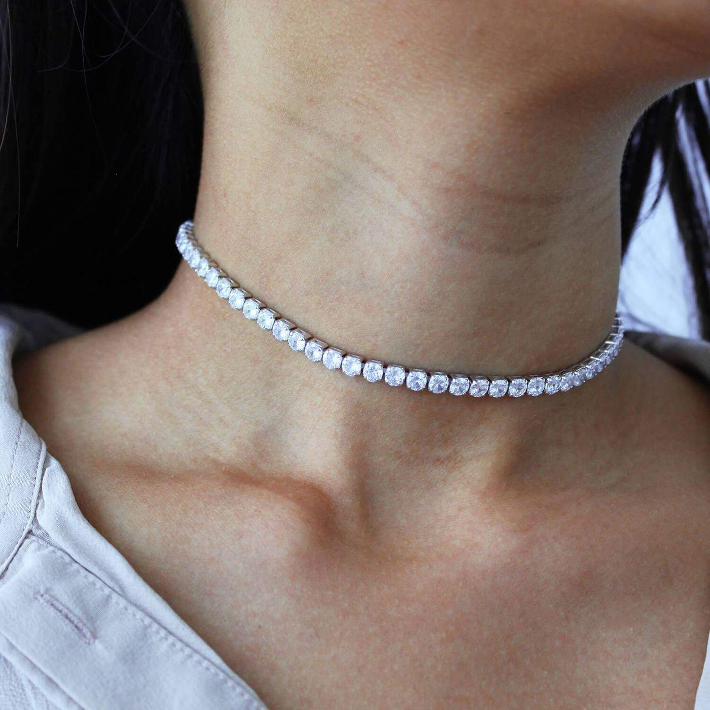 Diamond Tennis Chain, 18K White/Yellow Gold Finish, 4mm Diamond Choker Chain, Tennis Chain Choker Necklace, Bridesmaid gifts, Wedding gifts LATUKI