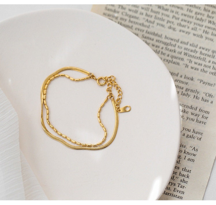 Duo Snake Chain Bracelet, Delicate Bracelet, Fine Beaded Chain Bracelet, Dainty Bracelet, Gift for Her, 18K GOLD FILLED, Waterproof LATUKI