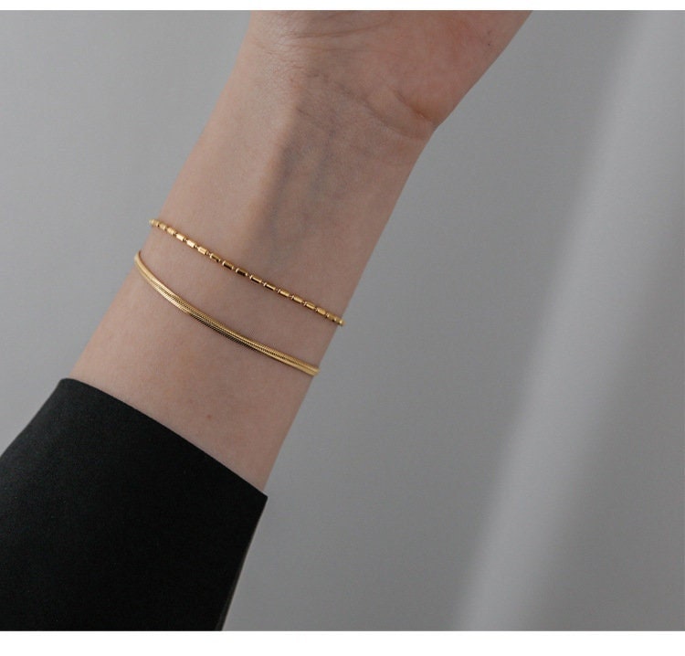 Duo Snake Chain Bracelet, Delicate Bracelet, Fine Beaded Chain Bracelet, Dainty Bracelet, Gift for Her, 18K GOLD FILLED, Waterproof LATUKI