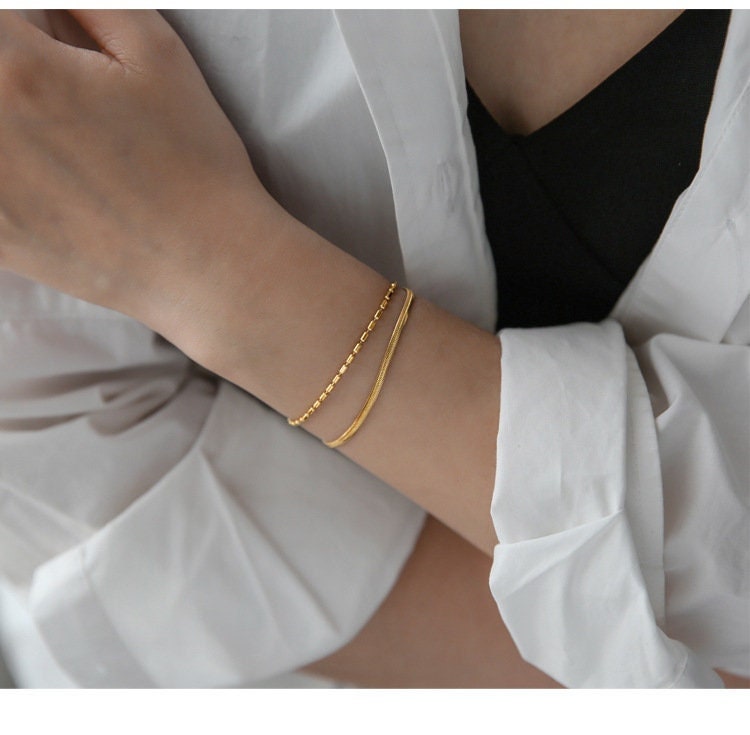 Duo Snake Chain Bracelet, Delicate Bracelet, Fine Beaded Chain Bracelet, Dainty Bracelet, Gift for Her, 18K GOLD FILLED, Waterproof LATUKI