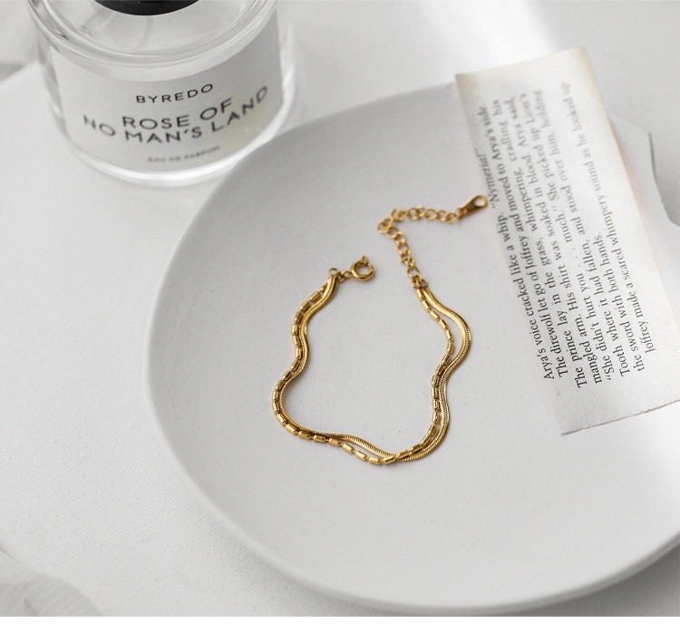 Duo Snake Chain Bracelet, Delicate Bracelet, Fine Beaded Chain Bracelet, Dainty Bracelet, Gift for Her, 18K GOLD FILLED, Waterproof LATUKI