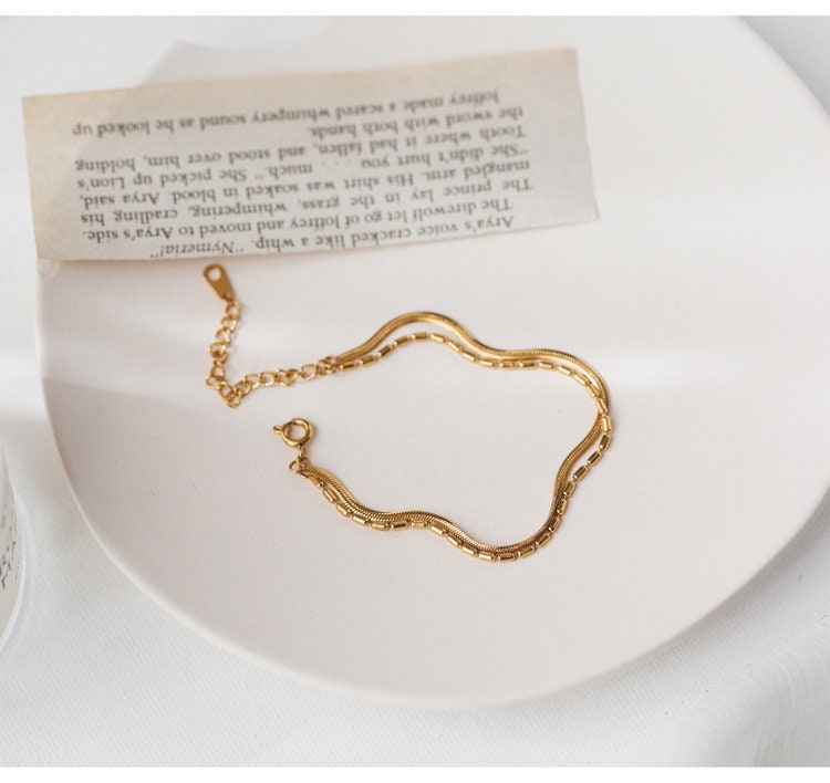 Duo Snake Chain Bracelet, Delicate Bracelet, Fine Beaded Chain Bracelet, Dainty Bracelet, Gift for Her, 18K GOLD FILLED, Waterproof LATUKI