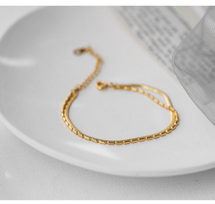 Duo Snake Chain Bracelet, Delicate Bracelet, Fine Beaded Chain Bracelet, Dainty Bracelet, Gift for Her, 18K GOLD FILLED, Waterproof LATUKI