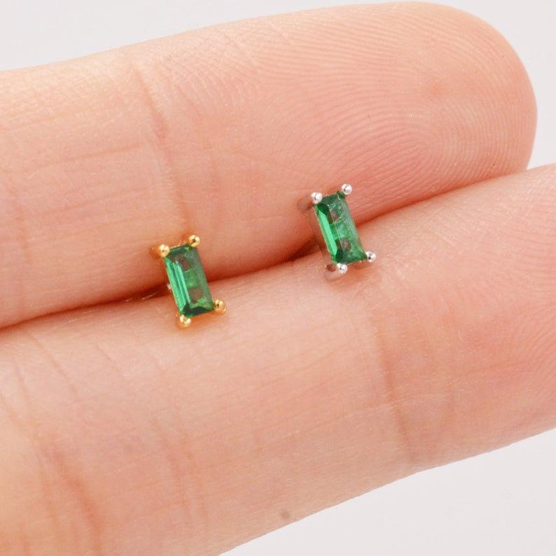 Emerald Studs earrings, Stud Earrings, Tiny Stud Earrings, Baguette Earrings, Cartilage earrings, 18k gold, Helix earrings, Gift for her 925 LATUKI