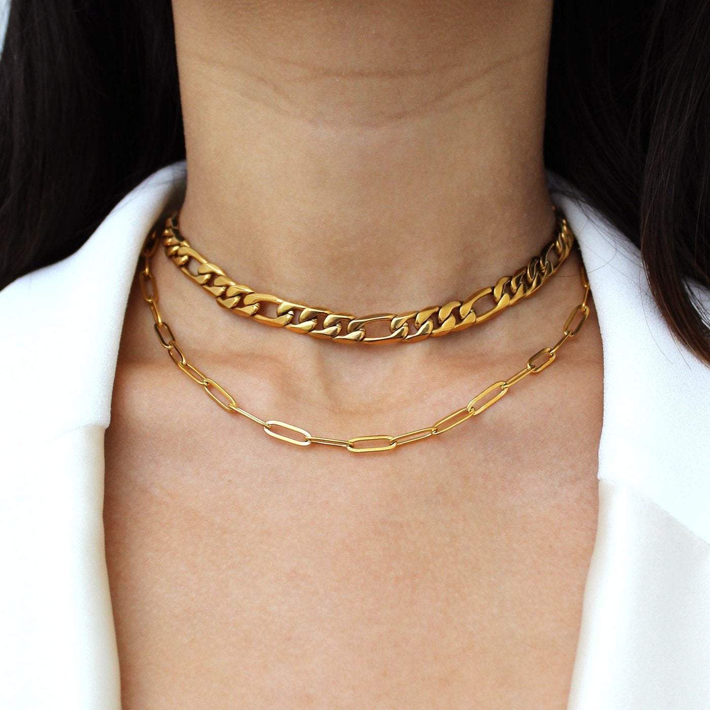 Figaro Chain Link Choker Necklace, 18K Gold Necklace, Figaro Chain Necklace, Choker Necklace, Thick Chain 18K Gold Layered, Chain Necklace LATUKI