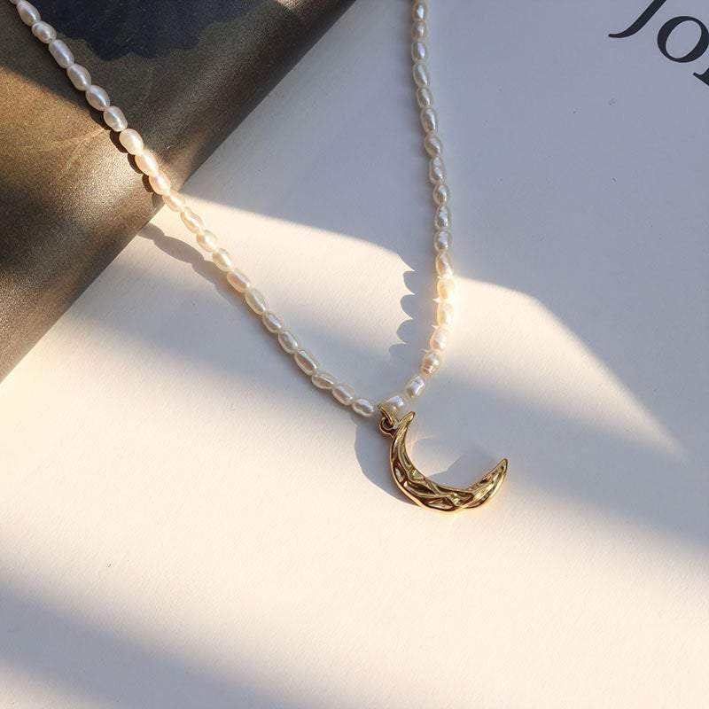 Freshwater Pearl Necklace, Moon Necklace, Pearl Necklace, White Pearl Necklace, Moon Charm Necklace, Celestial Jewelry, Gift For Her LATUKI