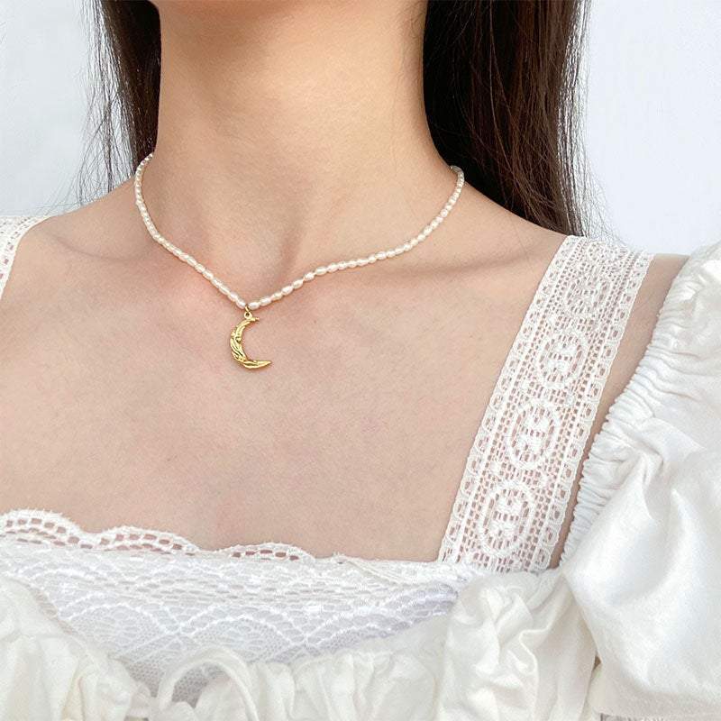 Freshwater Pearl Necklace, Moon Necklace, Pearl Necklace, White Pearl Necklace, Moon Charm Necklace, Celestial Jewelry, Gift For Her LATUKI
