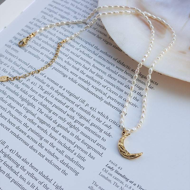 Freshwater Pearl Necklace, Moon Necklace, Pearl Necklace, White Pearl Necklace, Moon Charm Necklace, Celestial Jewelry, Gift For Her LATUKI