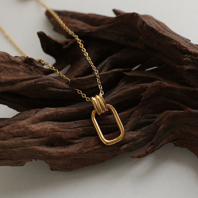 Gold French Rectangle Charm Necklace, 18K Gold Filled Pendant Necklace, Gold Chain Necklace, French Necklace, Gift For Her, Pendant Necklace LATUKI