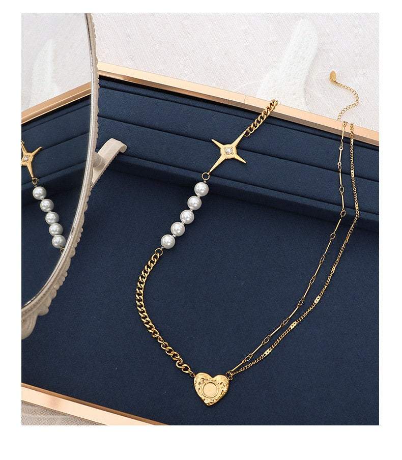 Gold Layering Necklace, Pearl Necklace with Heart Charm, Handmade Necklace, Heart Necklace, Birthday Gift, Mothers Day Gift, Star Necklace LATUKI