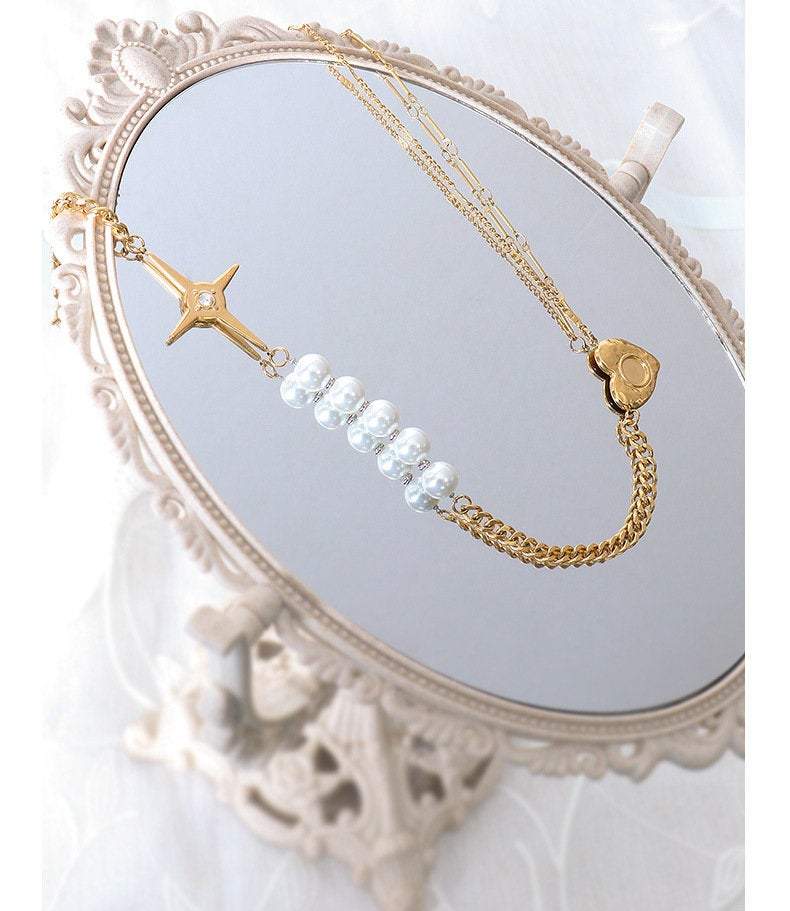 Gold Layering Necklace, Pearl Necklace with Heart Charm, Handmade Necklace, Heart Necklace, Birthday Gift, Mothers Day Gift, Star Necklace LATUKI