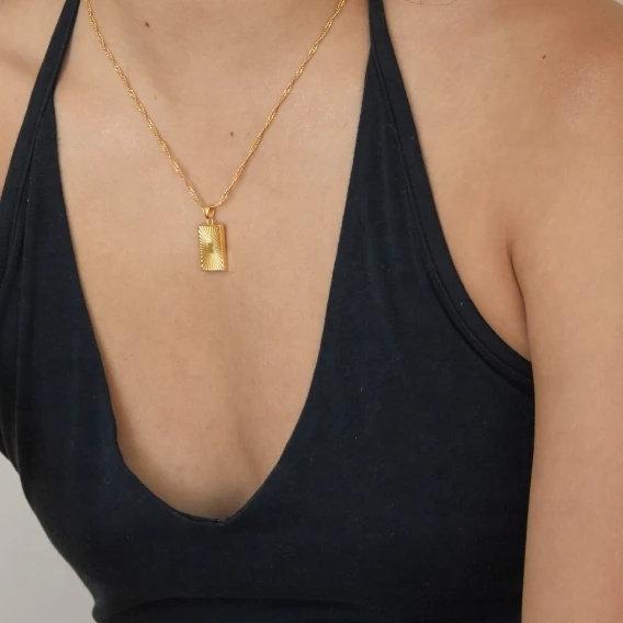 Gold Rectangle Charm Necklace, 18K Gold Filled Pendant Necklace, Gold Chain Necklace, Shining Sun Necklace, Gift For Her, Pendant Necklace LATUKI