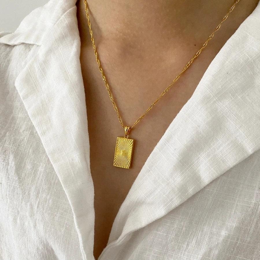 Gold Rectangle Charm Necklace, 18K Gold Filled Pendant Necklace, Gold Chain Necklace, Shining Sun Necklace, Gift For Her, Pendant Necklace LATUKI