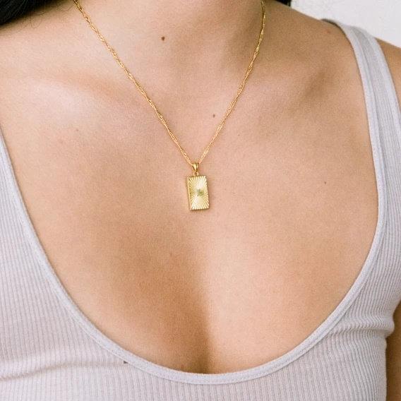Gold Rectangle Charm Necklace, 18K Gold Filled Pendant Necklace, Gold Chain Necklace, Shining Sun Necklace, Gift For Her, Pendant Necklace LATUKI