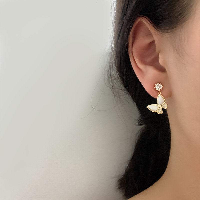 Gold White Butterfly Earrings, Butterfly Earrings, Huggies, Dainty Earrings, Cute Earrings, S925 Needle, Mariposa Earrings, Dangle earrings LATUKI
