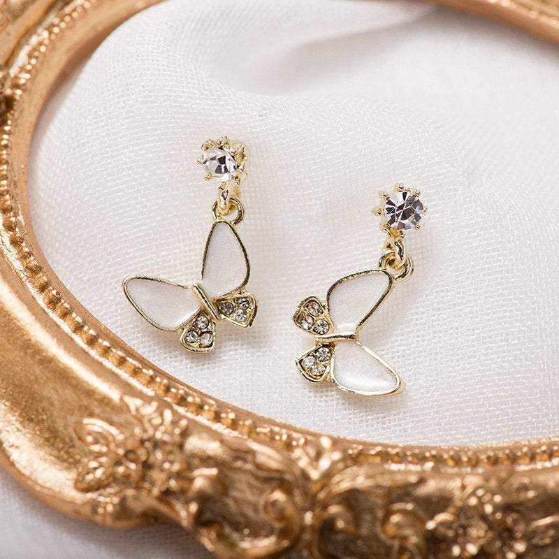 Gold White Butterfly Earrings, Butterfly Earrings, Huggies, Dainty Earrings, Cute Earrings, S925 Needle, Mariposa Earrings, Dangle earrings LATUKI