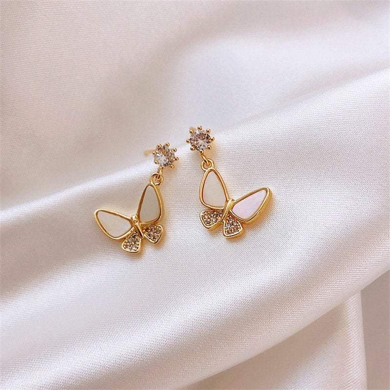 Gold White Butterfly Earrings, Butterfly Earrings, Huggies, Dainty Earrings, Cute Earrings, S925 Needle, Mariposa Earrings, Dangle earrings LATUKI
