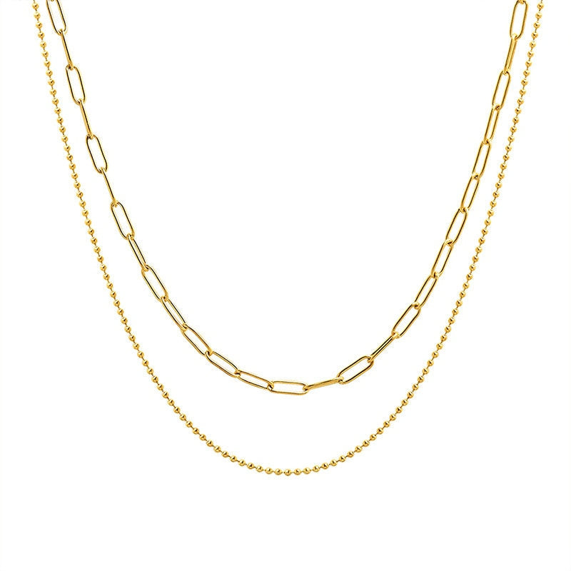 Gold Two Layered Necklace Set. Two chains-Dainty double choker, 18K paper clip 2 layer choker, Everyday Multi Strand Dainty Stacking Set