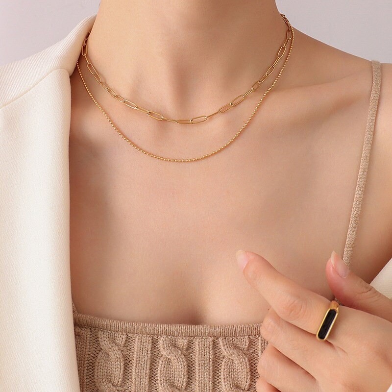 Gold Two Layered Necklace Set. Two chains-Dainty double choker, 18K paper clip 2 layer choker, Everyday Multi Strand Dainty Stacking Set
