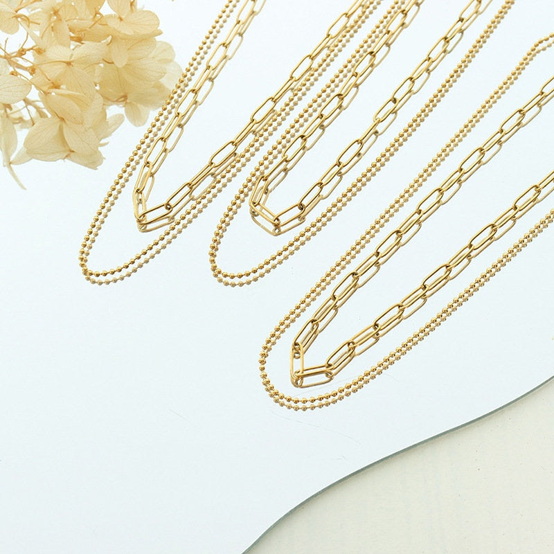 Gold Two Layered Necklace Set. Two chains-Dainty double choker, 18K paper clip 2 layer choker, Everyday Multi Strand Dainty Stacking Set