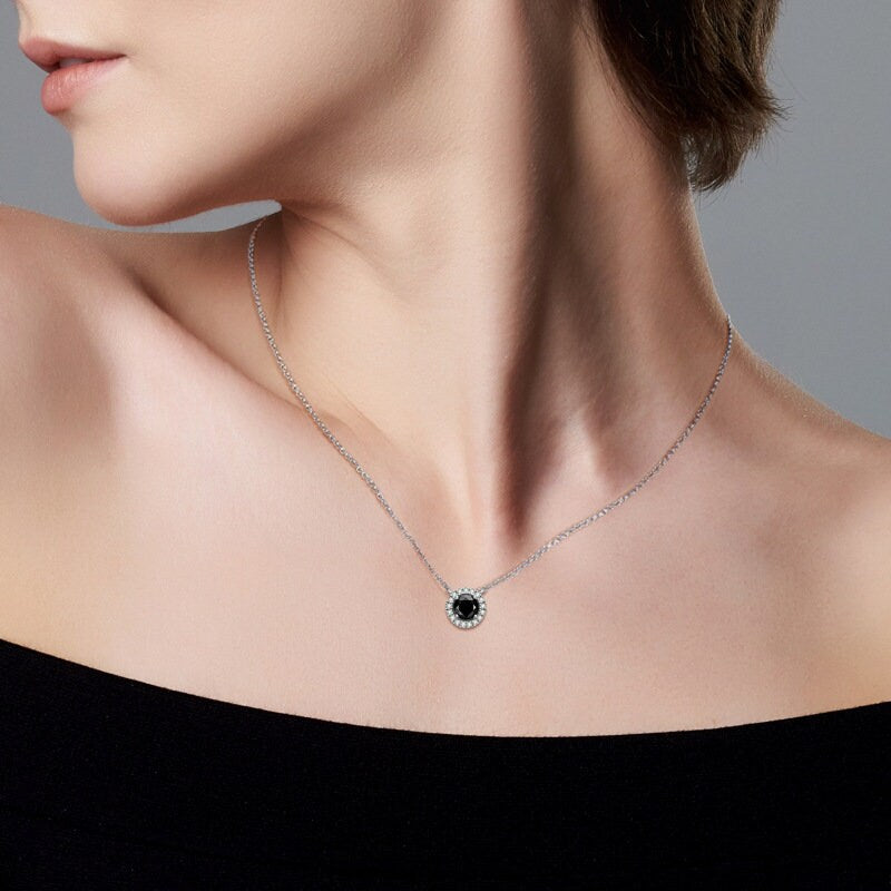 Black Moissanite Necklace,1 CT Black Stone Round Cut Moissanite Necklace, Sterling Silver Necklace, Moissanite Necklace, Gift For Girlfriend