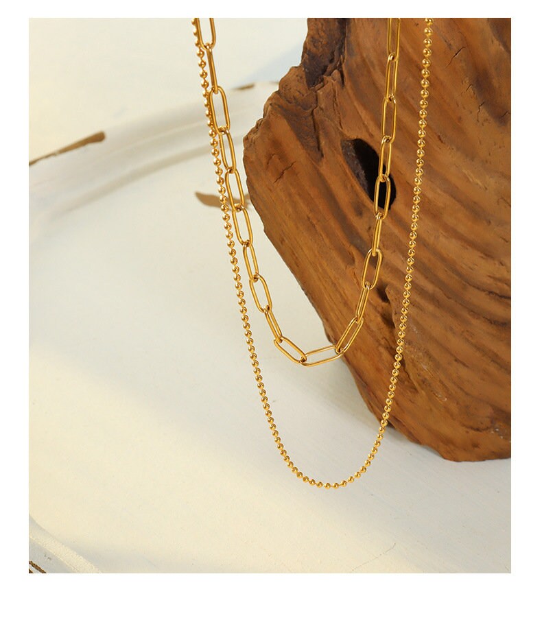 Gold Two Layered Necklace Set. Two chains-Dainty double choker, 18K paper clip 2 layer choker, Everyday Multi Strand Dainty Stacking Set
