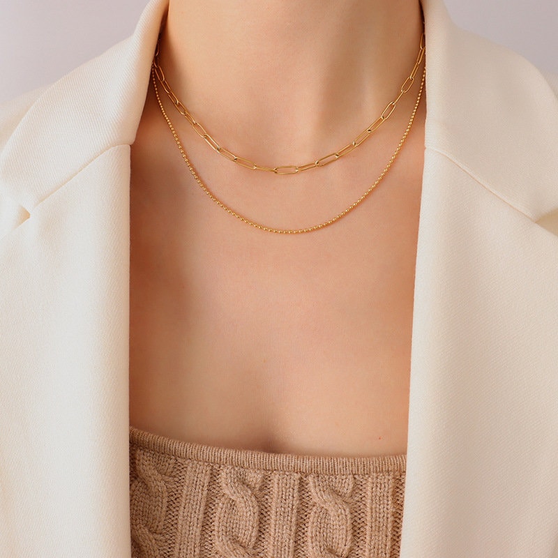 Gold Two Layered Necklace Set. Two chains-Dainty double choker, 18K paper clip 2 layer choker, Everyday Multi Strand Dainty Stacking Set