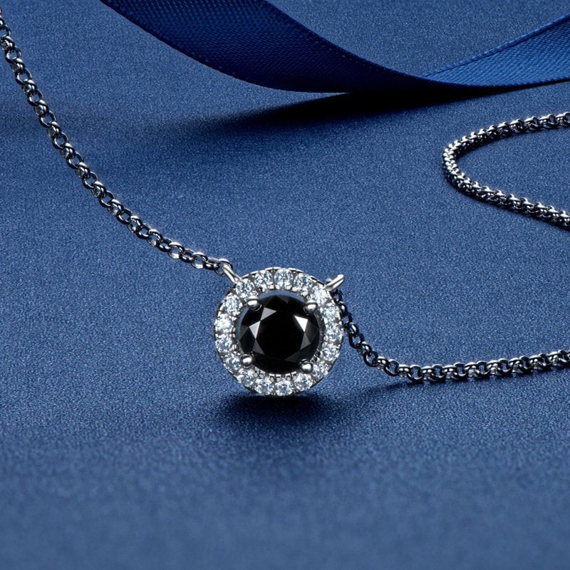 Black Moissanite Necklace,1 CT Black Stone Round Cut Moissanite Necklace, Sterling Silver Necklace, Moissanite Necklace, Gift For Girlfriend