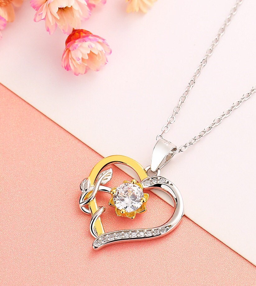 1 CT Moissanite Sunflower Necklace, Heart Necklace, Sterling Silver Necklace, Moissanite Necklace, Valentine Gift, Gift For Girlfriend, S925