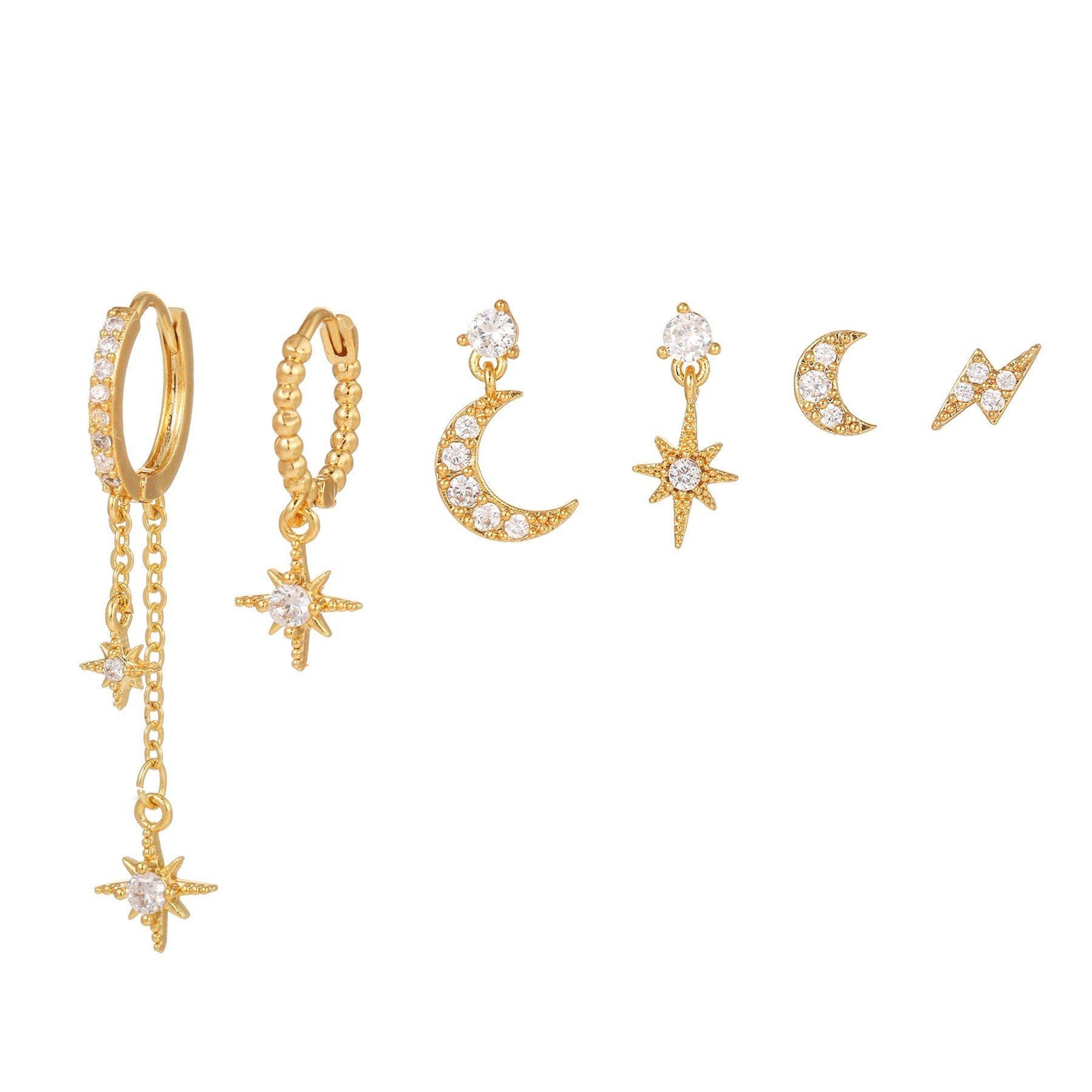 Piercing Earring Set, Gold Earring Set, Conch Piercing, Celestial Earrings, Moon Cartilage Piercing, Helix Earrings, Christmas Gift For Her