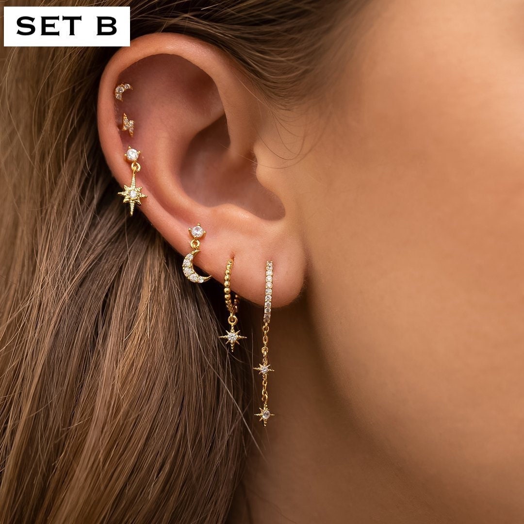 Piercing Earring Set, Gold Earring Set, Conch Piercing, Celestial Earrings, Moon Cartilage Piercing, Helix Earrings, Christmas Gift For Her