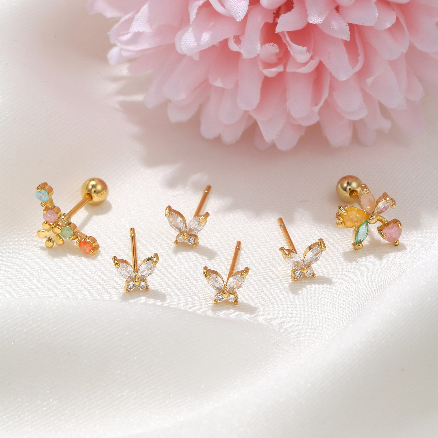 Cute Butterfly Earring Set, Gold Earring Set, Conch Piercing, Celestial Earrings, Butterfly Cartilage Piercing, Helix Earrings, Gift For Her