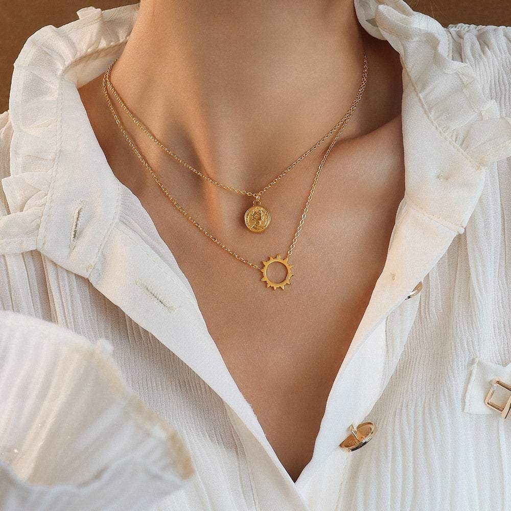 Layered Necklaces Set, Sun Necklace, Coin Necklace, Sunburst Necklace, 2 Necklace Set, 18K GOLD FILLED Necklace, Gold Layer Necklace, Gift LATUKI