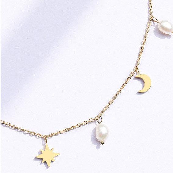 Moon & Star Charm Necklace, Freshwater Pearl Necklace, Moon Necklace, Pearl Necklace, White Pearl Necklace, Celestial Jewelry, Gift For Her LATUKI