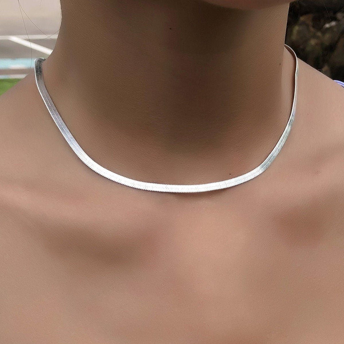 Silver Herringbone Necklace, Silver Herringbone Chain, Layer Necklace Set, Snake Necklace, Silver Chain Necklace, Silver Necklace, LATUKI